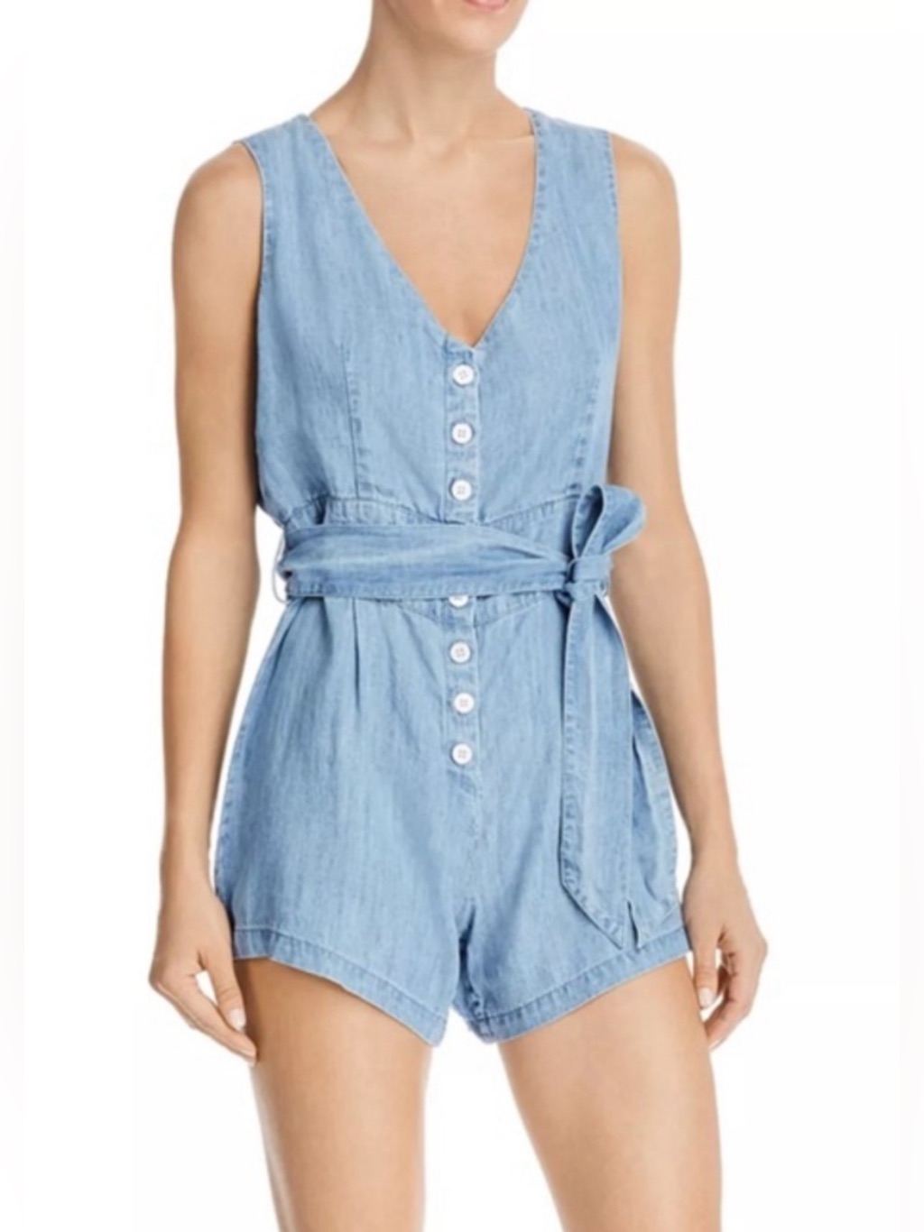 Rails Light Blue Denim Romper Tie Waist Button Front Chambray Size S